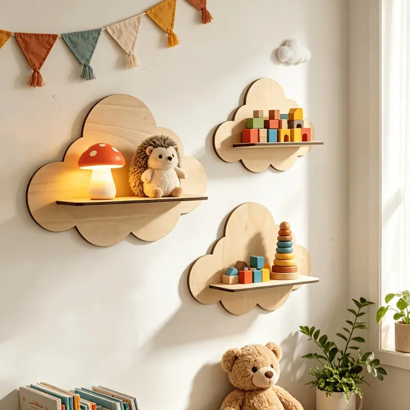 3-Pack Wooden Cloud Floating Wall Shelves, Natural Wood Color, Modern Home Decor, Easy Installation, for Living Room Bedroom