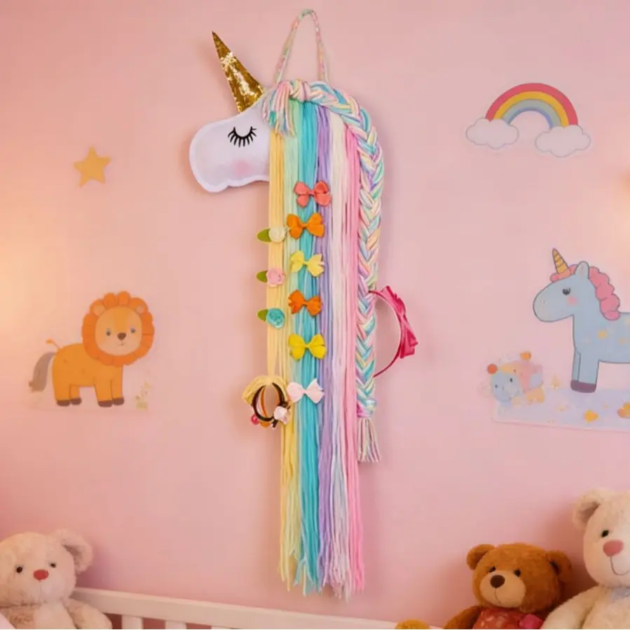 Ins Unicorn Kids Hair Clips Accessories Storage Organizer, Wall Hanging Felt Animal Headband Holder Strap, Toddler Baby Girl Hairpin Display Hanger, Cartoon Nursery Room Aesthetic Hanging Decor