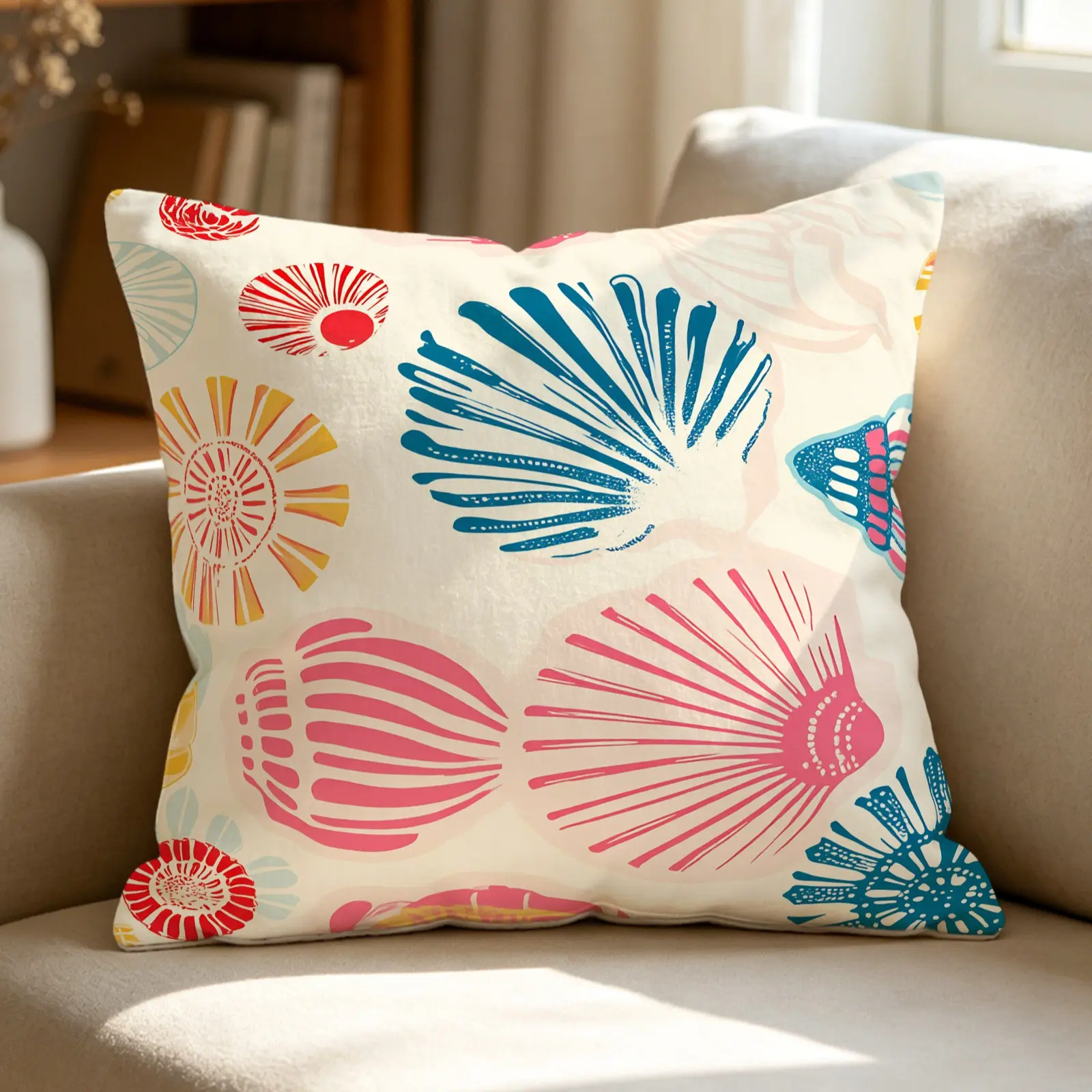 Bright Coastal Seashell Digital Print Throw Pillow, Soft Cushions, Soft Decorative Cushion With Pillow Core, Nautical Ocean Style Accent Pillow, Washable Square Decor Pillow For Sofa, Living Room, Patio & Beach House Decor