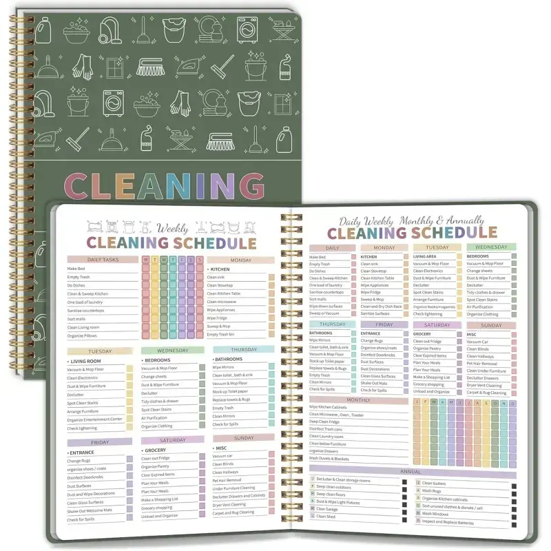 Adult Women's ADHD Cleaning Planner Daily Weekly Monthly Home Cleaning Checklist Notebook Green Spiral Bound Household Cleaning Schedule Organizer for Focused Cleaning Tasks