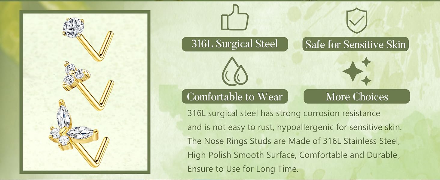 Trendy Summer Nose Studs Nose Rings 18G Nose Rings Studs Gold Small Nose Studs - L Shaped Corkscrew Hoop Nose Ring - CZ Butterfly Heart Flower 316L Surgical Steel Tiny Nostril Nose Piercing Jewelry for Women Men 11Pcs