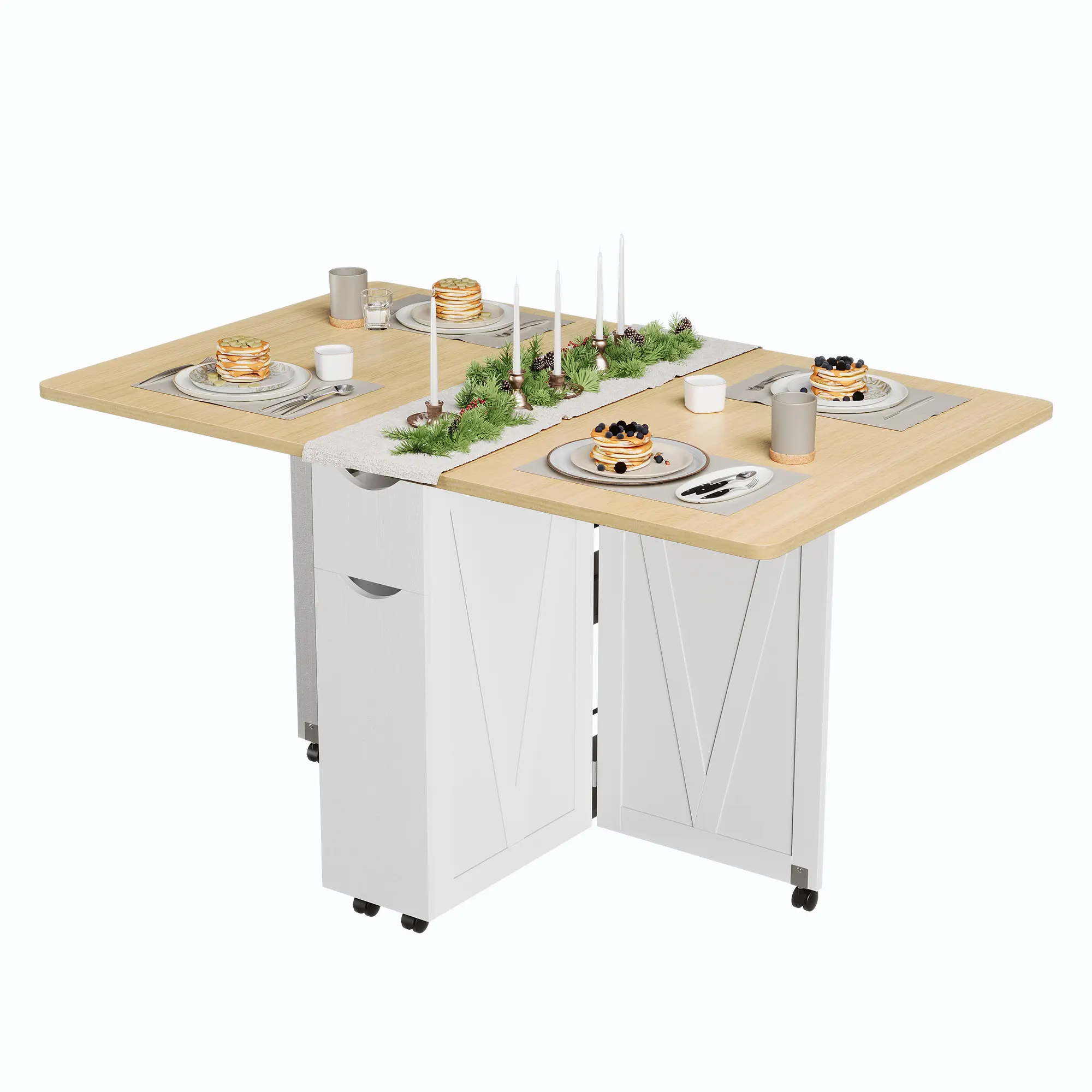 Wood Folding Extendable Drop Leaf Dining Table - 6 Wheels, Drawer, Storage Shelf, Study Desk Function, 1 Instruction Manual - for Kitchen, Dining Room - Clean with Soft Damp Cloth, Avoid Excessive Humidity