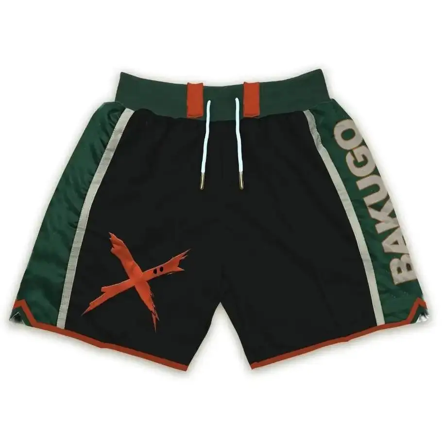 My Hero Academia Katsuki Bakugo Anime Embroidered Shorts Black Unisex Sports Double-Layered Inner Shorts Drawstring Design Men Women Mesh Basketball Shorts 4 Pockets 5.5 Inseam