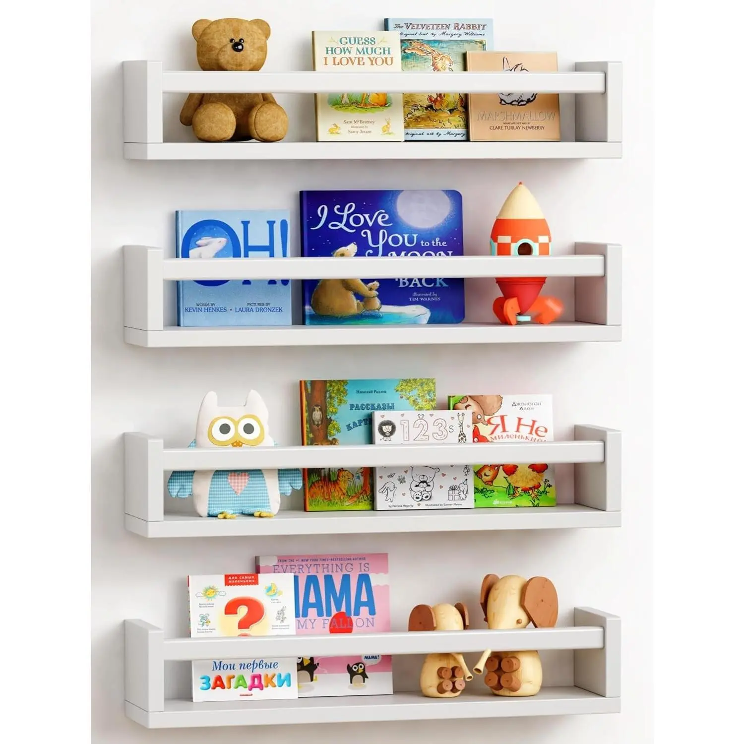 Floating Nursery Book Shelves for Wall Set of 4, Wall Bookshelf for Kids Room, White Wood Hanging Bookshelves Book Shelf for Baby Toddler Childrens Boy Girl Bedoom Toy and Decor Storage