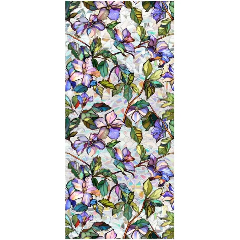 Rainbow Floral Window Privacy Film Sun Blocking 3D Decorative PVC Stained Window Decals Non-Static Cling Sticker for Home Office, 16.93 x 39.37 Inch.