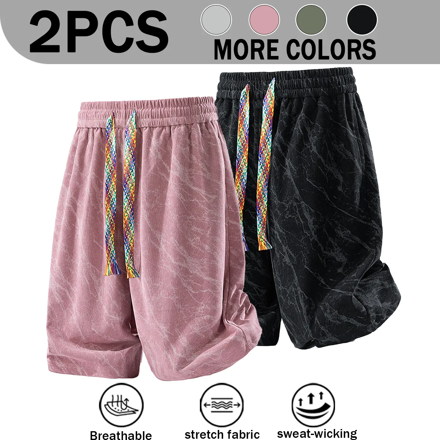 Summer 2 Pack American Vintage Marble Printed Corduroy Bermuda Shorts For Men, Colorful Braided Drawstring High Waist Loose Wide Leg Cuffed Stretch Breathable Casual Mid Shorts For Students Beach Vacation Outfits, 4 Colors Optional