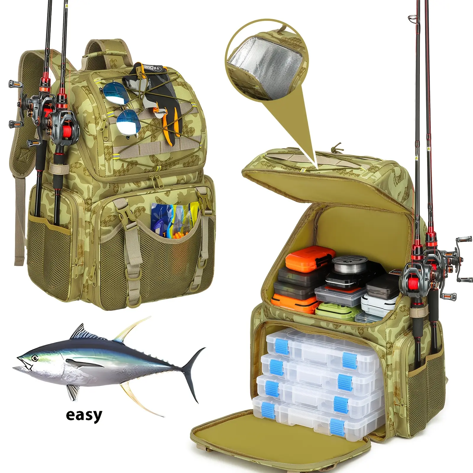 Fishing Backpack with Rod Holder for Adults - Multi-Functional Large-Capacity Fabric Tackle Organizer for Fishing Equipment, Portable Fishing Accessories