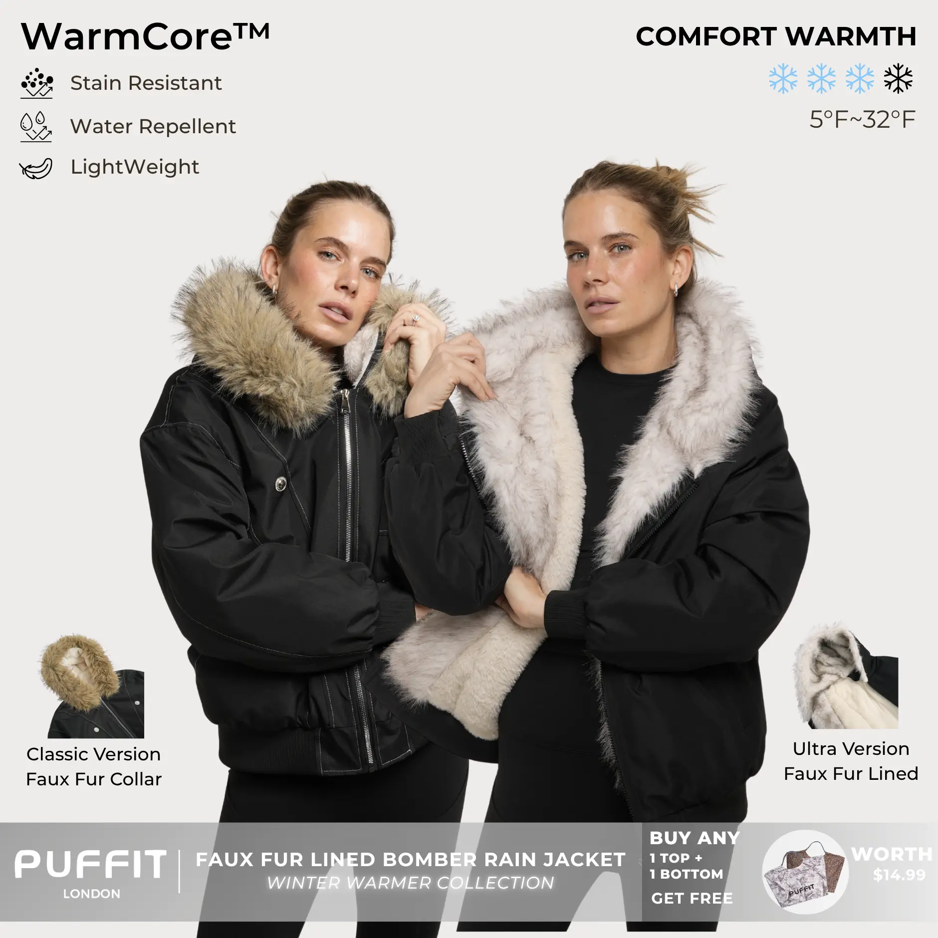 PUFFIT STM-TEX Faux Fur Lined Waterproof Bomber Parka,Elegant and Luxurious, Providing Warmth and Style,Cozy and Fashionable,Y2K Style