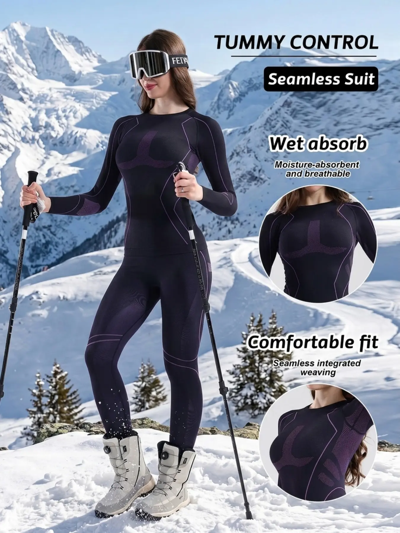 Women's 2pc Seamless Compression Skiing Set, Quick-Dry Moisture-Wicking, Warm Underwear for Winter Sports, Ideal for Skiing and Cycling