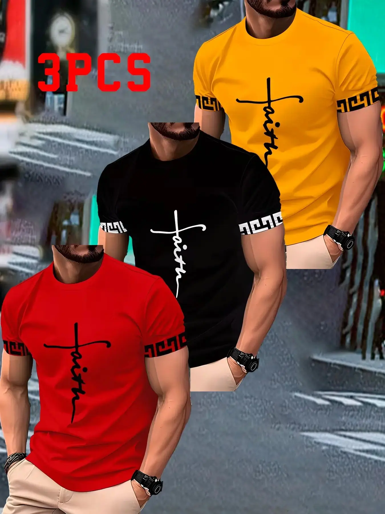 3-Pack Men's Short Sleeve T-Shirts, Handwritten Cross Graphic, Vintage Hem, Casual Fitted Tee, Round Neck, Trendy Fashion Set