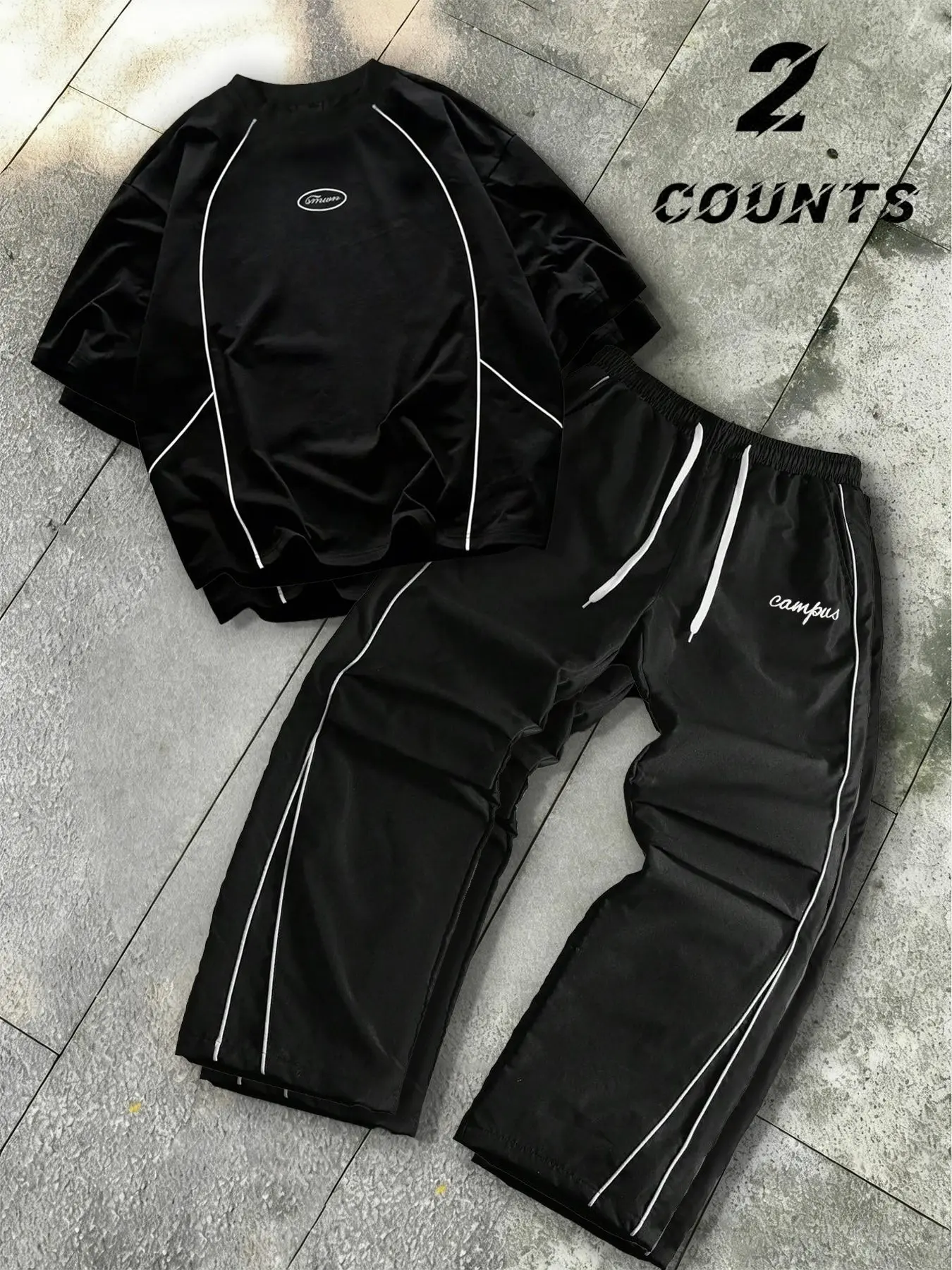 Unisex design, Fashion, trendy street style, line print, dark color scheme, Casual Fitted short-sleeved shirt and Long pants Matching outfit set, Perfect for streetwear, suitable for campus/outdoor activities, hip-hop wear, A perfect gift for a boyfriend