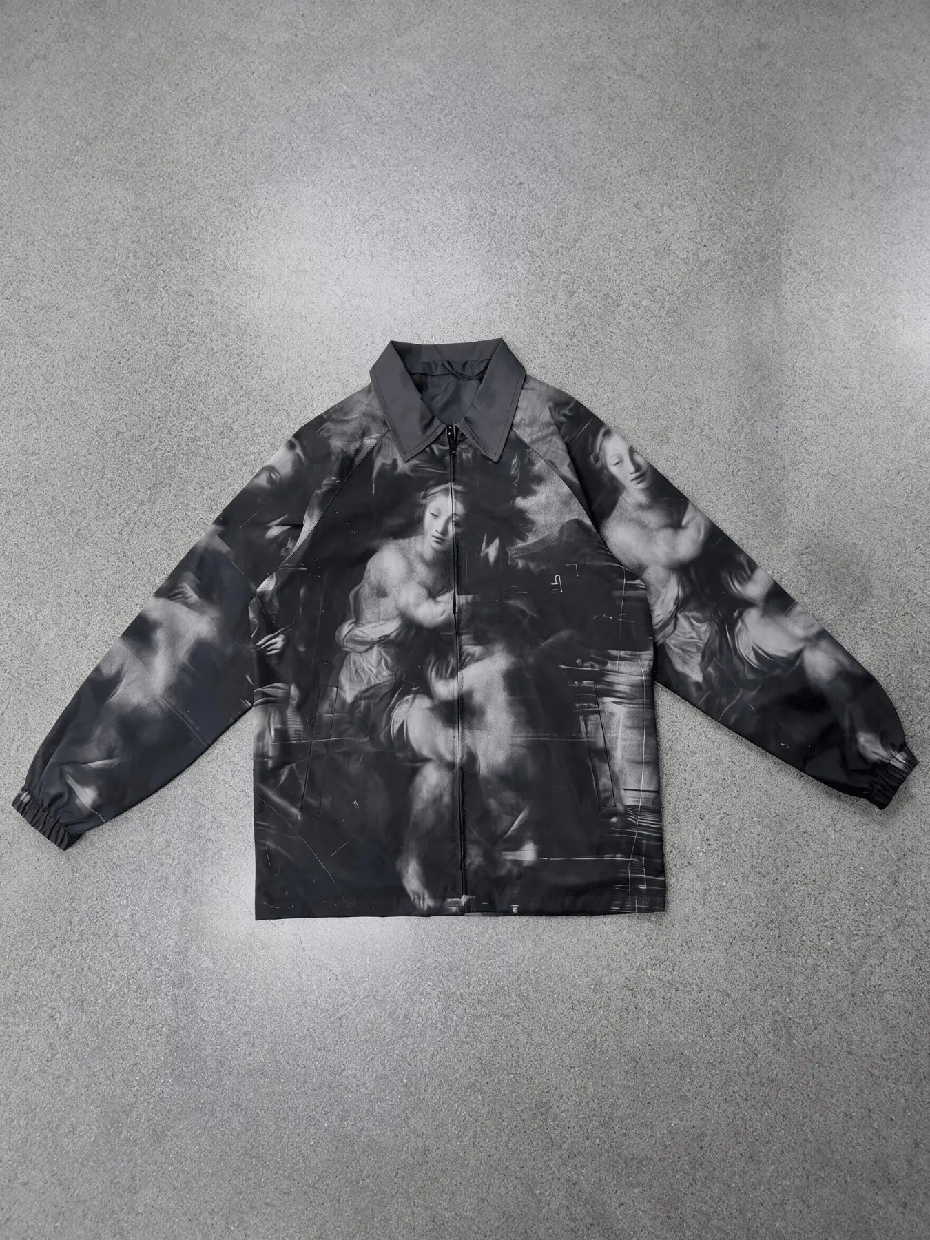 Men's Vintage Renaissance Oil Painting Print Coach Jacket, Dark Tone Blurred Art Pattern Zipper Windproof Coat, Loose American Streetwear Top