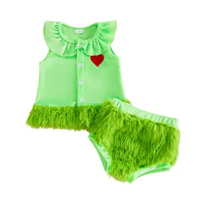 Toddler Girl Green Monster Costume Sleeveless Doll Collar Heart Embroidery Velvet Tank Tops and Bloomers Christmas Set