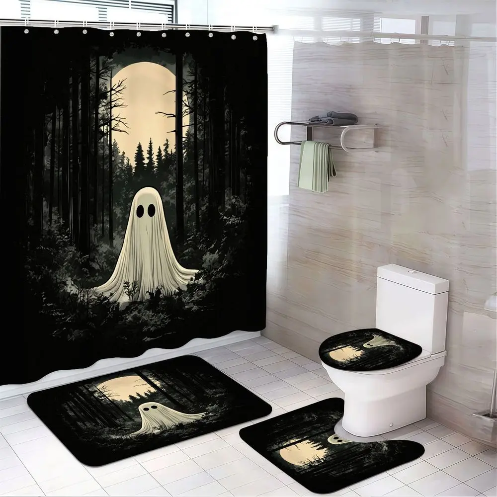 4pcs Halloween Night Forest Bathroom Decor Set, Ghost in Moonlight Black White Tree Silhouette Shower Curtain with Matching Rugs, TikTok Shop Hot Trend Home Styling
