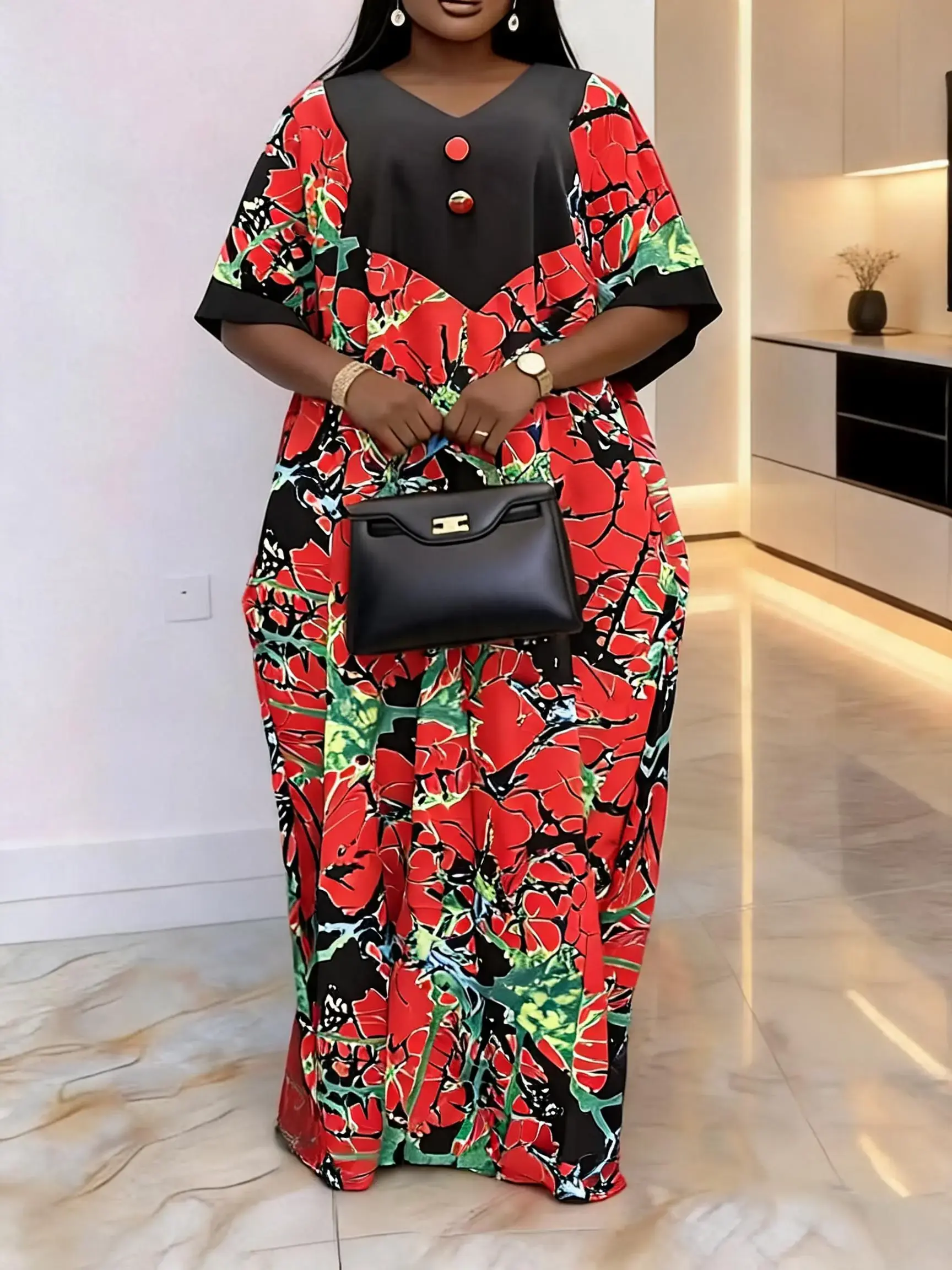 Fashionable Chic loose plus size button print ethnic bouboubou kaftan Nigerian style women's dress African summer V-neck short sleeved daily elegant temperament party beach vacation robe with pockets Ethnic Pattern Kaftan 2026 Kaftan Dresses