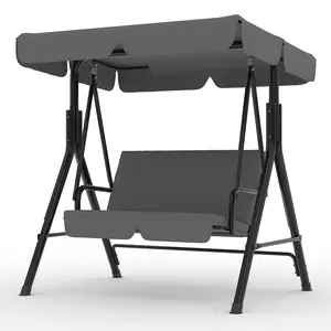 2-Seat Heavy Duty Outdoor Porch Swing with Adjustable Canopy, Sturdy Metal Frame Patio Swing Chair with Stand, Comfort Cushioned Swing Bench for Garden Backyard Poolside
