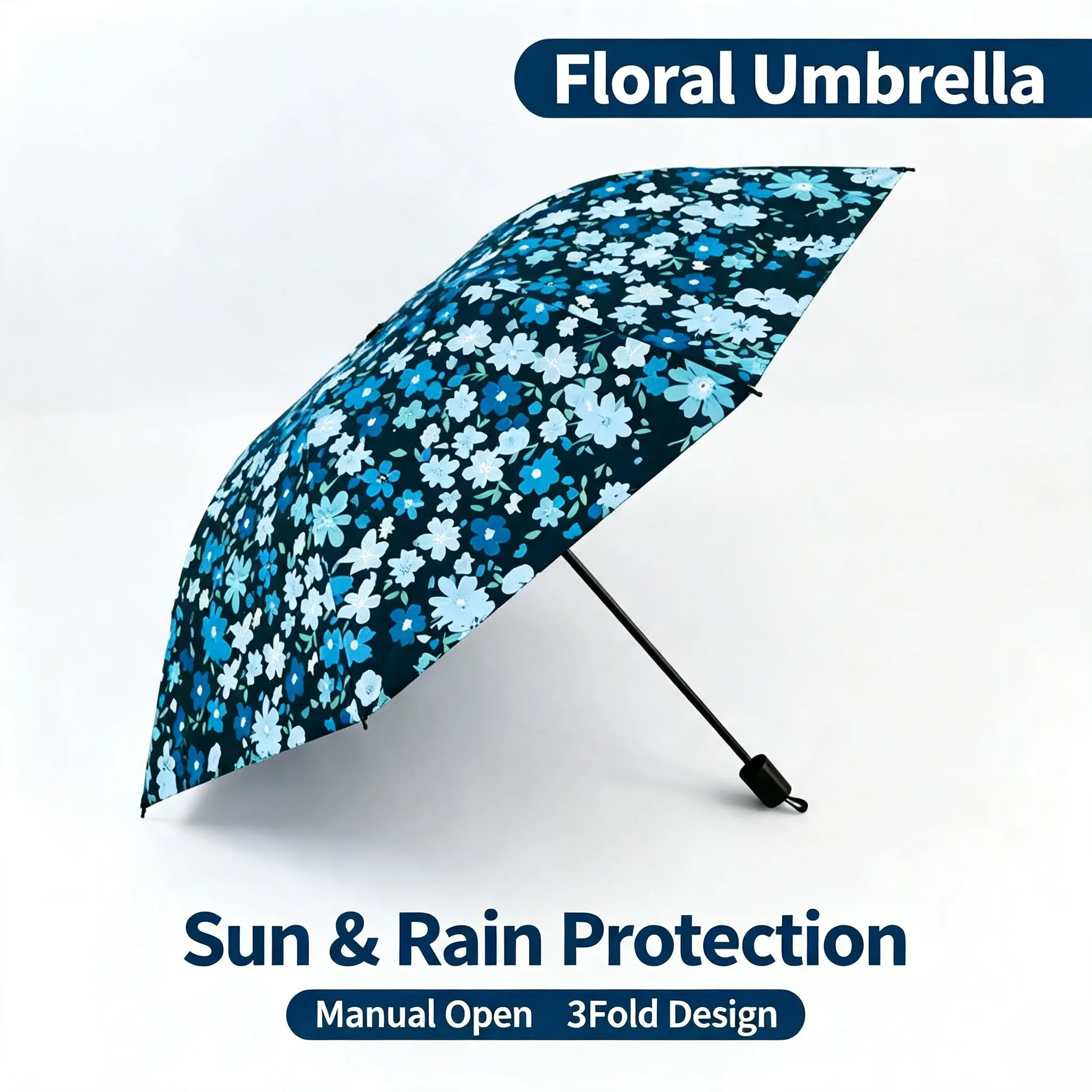 Floral Print Folding Umbrella, Manual 3 Fold Sun Rain Umbrella, Lightweight Carbon Steel Frame Parasol, Anti-UV Portable Windproof Travel Umbrella For Women