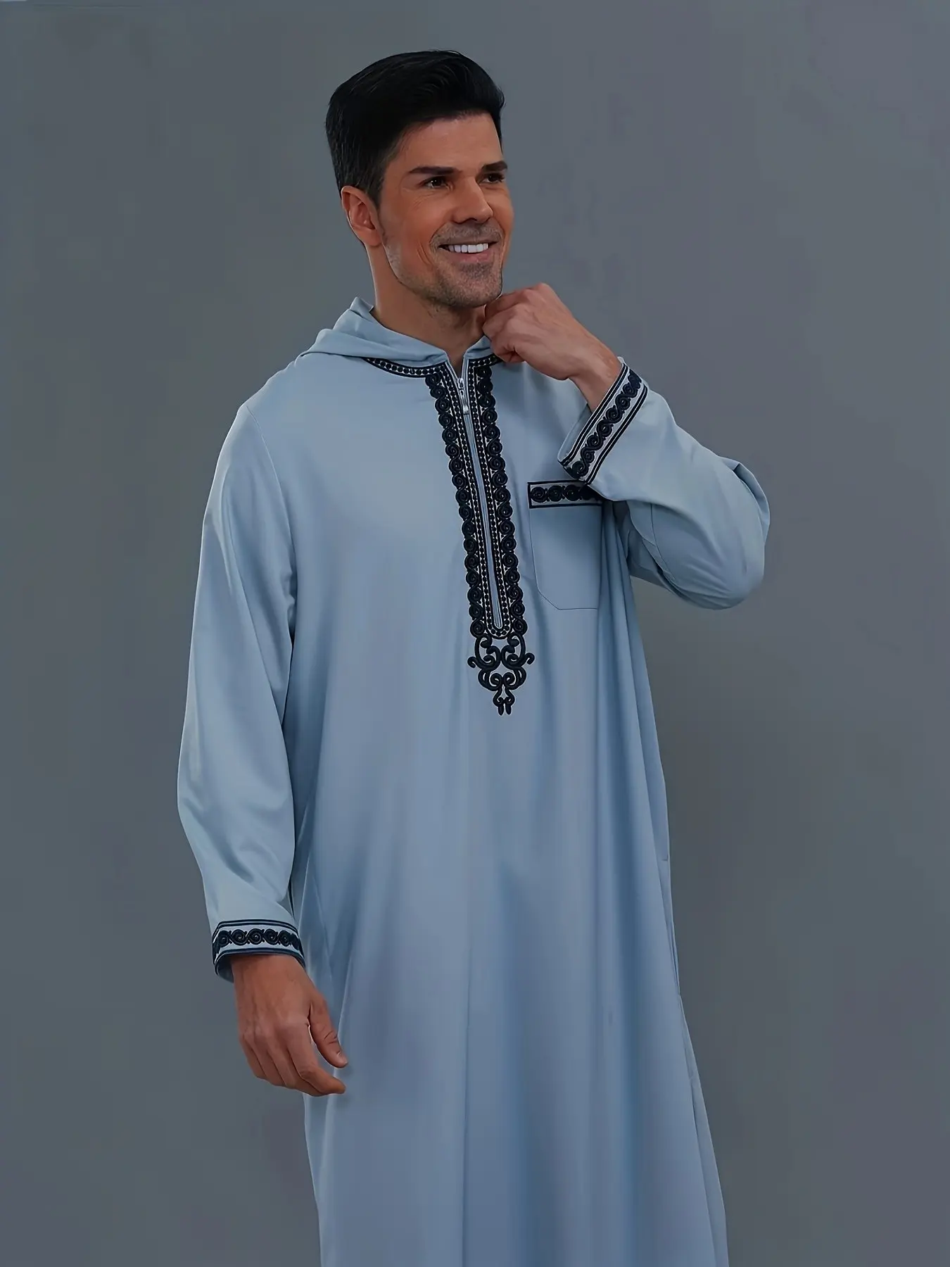Moroccan Style Hooded Men's Jellaba Robe, Elegant Embroidered Front and Sleeve, Loose Fit Large Size Islamic Robe, Modest Muslim Thobe, Home and Mosque Wear