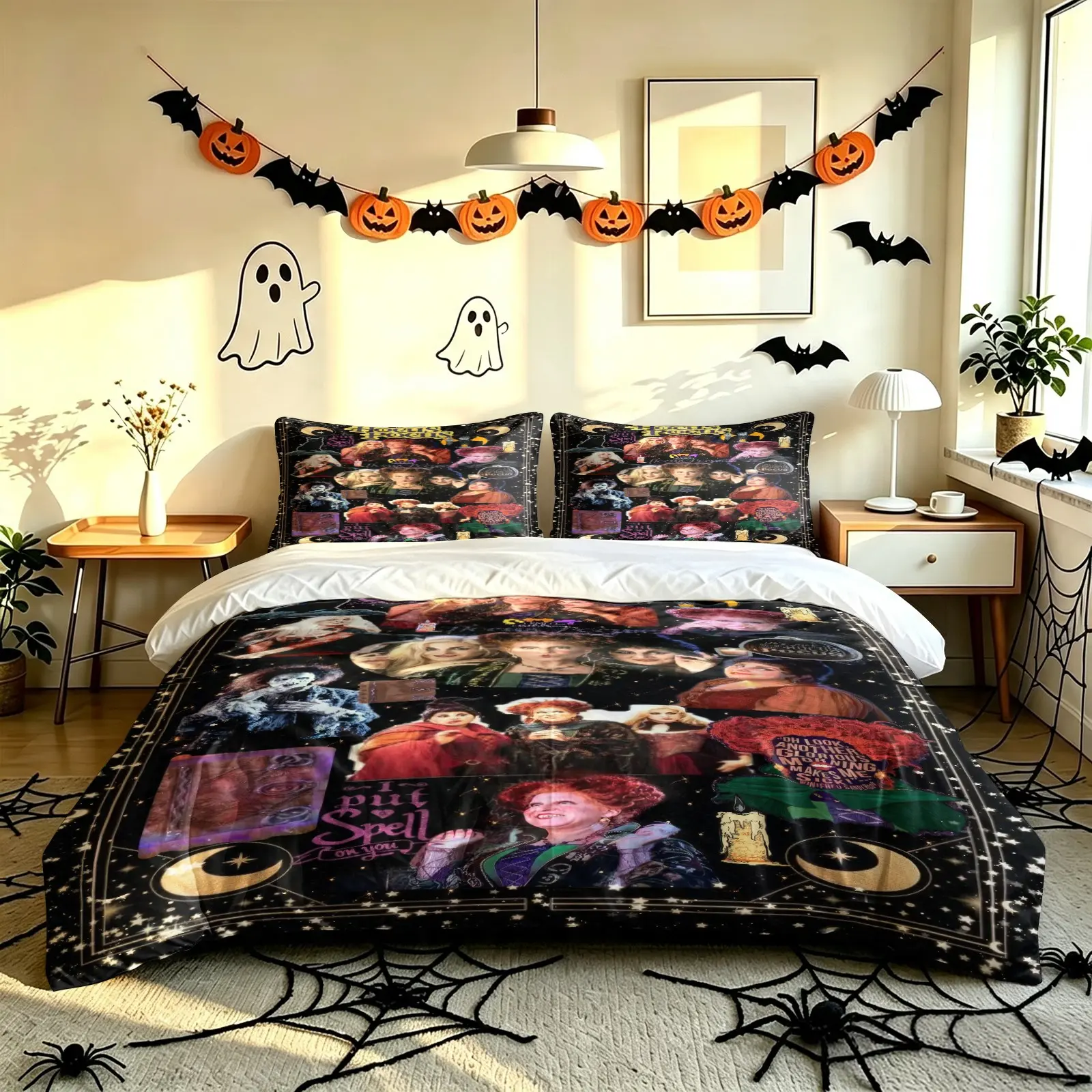 Hocus Pocus Still Halloween Print Duvet Cover Set, 1 Duvet and 1-2 Pillowcases, Three Witches Iconic Scene Collage, Comfortable Durable Bedding, Halloween Theme Bedroom and Movie Fans Bedroom Decor