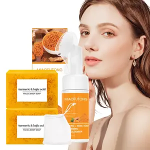 2pcs turmeric soaps and 1pcs cleansing mousse with a foaming mesh, added with turmeric, Kojic acid, and vitamin C to brighten and even skin tone, deeply cleanse and moisturize, suitable for body and facial cleansing care