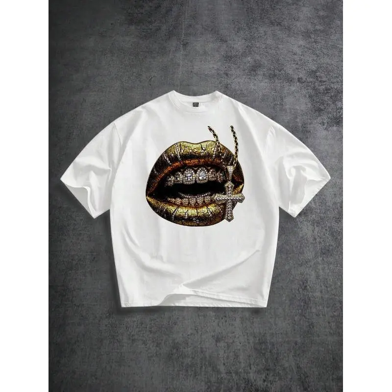 Manfinity ZONE917 Street Loose Hip Hop Gold Gemstone Grillz Lips Cross Print White Loose Short Sleeve T-Shirt, Suitable For Spring And Summer, Gift For Friends Gathering