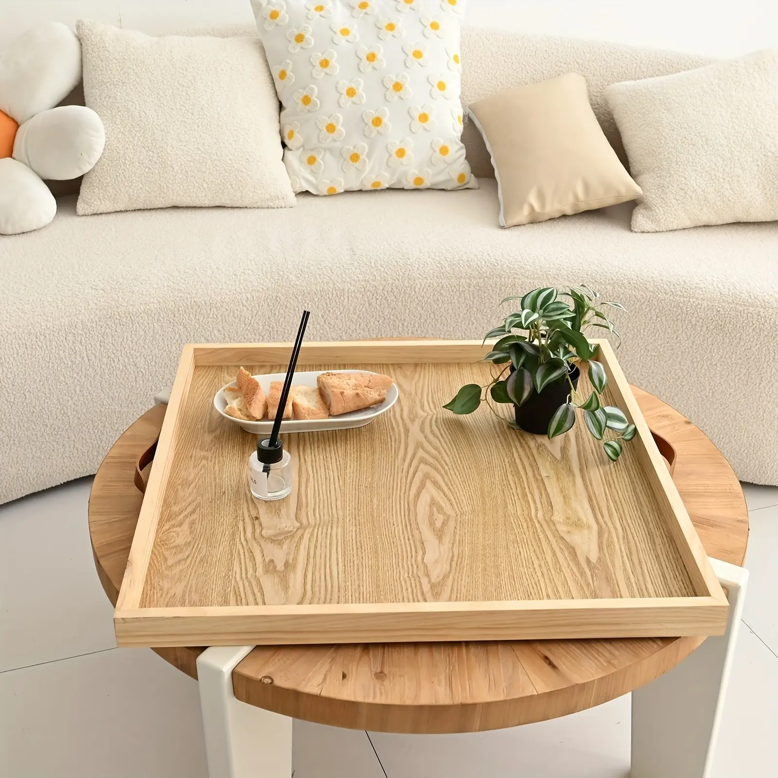 Extra Large 24x24 Inch Square Wooden Ottoman Tray with Faux Leather Handles, Solid Pattern, Polished Finish, Food-Themed Decor for Christmas, Halloween, Easter, Hanukkah, Thanksgiving - Non-Food Contact, Decorative Ottoman Tray | Square Wooden Tray |