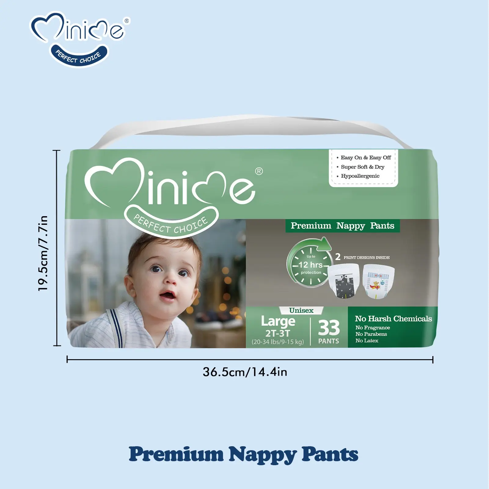 Minime Premium Baby Pull-Up Diapers, 12M to 5T, 26-36 Count, Stretch Waistband, Easy Tear Sides, Wetness Indicator and Breathable Top Sheet