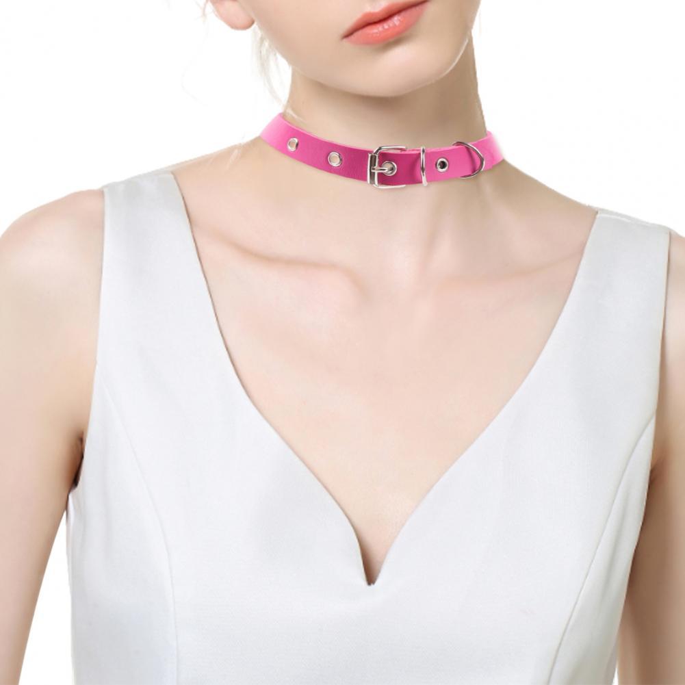Women Necklace Faux Leather Vintage Punk Style Adjustable Solid Color Bukle Pin Neck Belt Party Club Choker Adult Jewelry