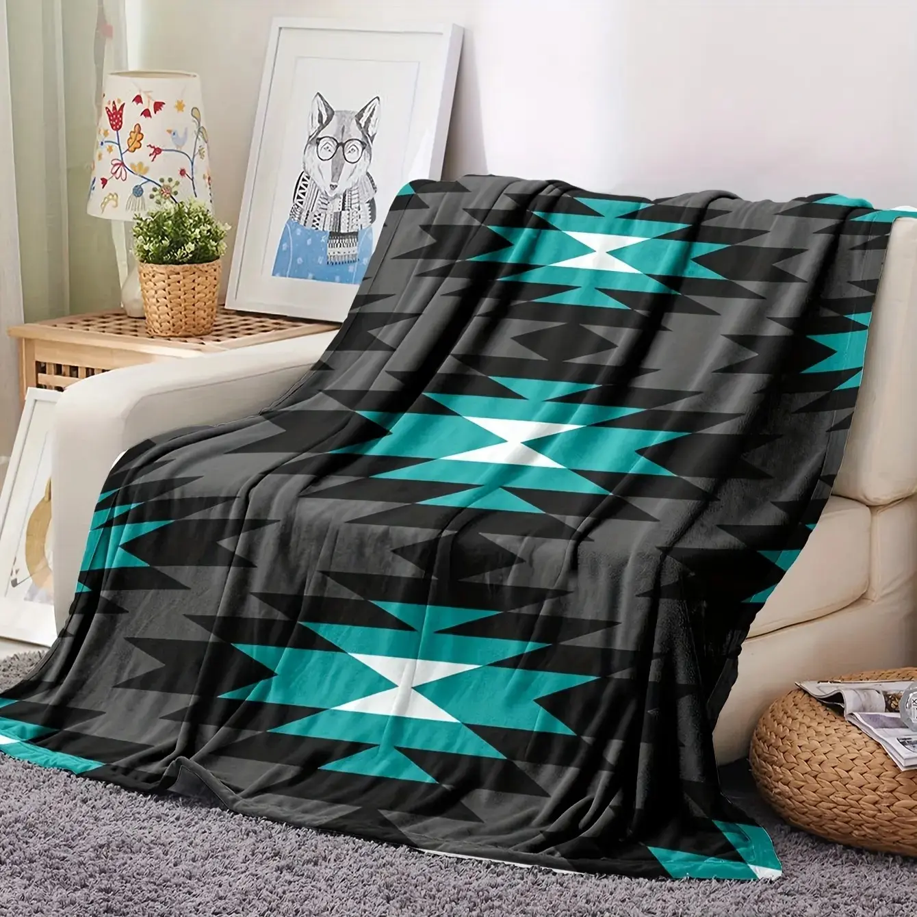 1-piece black and green geometric patterned blanket, ethnic-inspired totem design with turquoise accents, large size / ultra-fine fiber, air conditioning cover, nap blanket, Cozy Throw Blanket, perfect gift for family and friends, suitable for all seasons