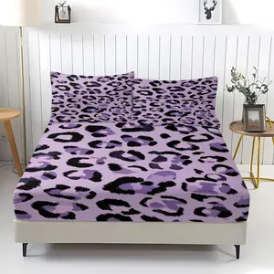 Purple leopard print fashion pattern fitted sheet, comfortable print pattern, including 1 flat sheet and 2 pillowcases, comfortable bedding, anti-slip dust cover suitable for bedrooms and guest rooms, suitable for children or adult gifts