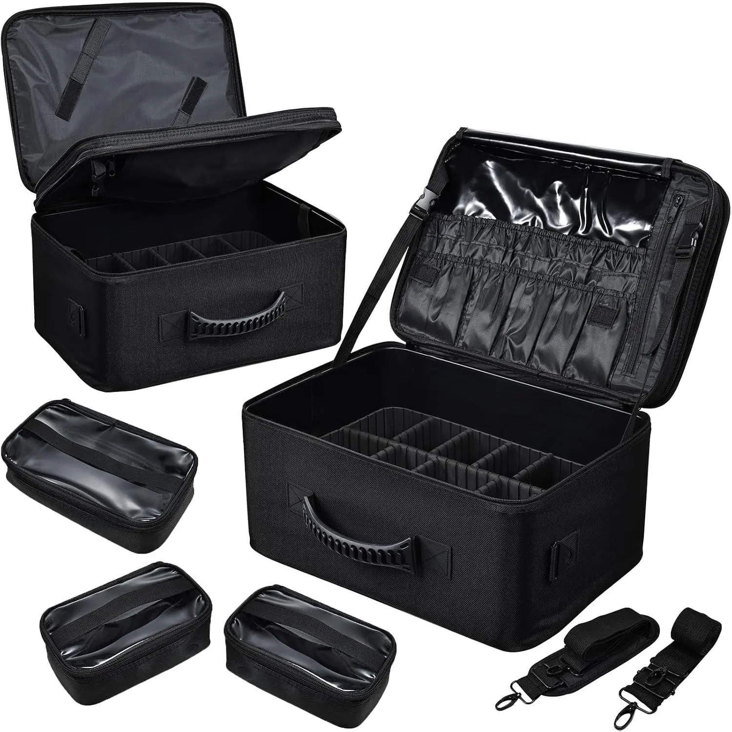 Large 2-Layer Professional Makeup Bag Organizer Backpack with Brush Slots, 3 Clear Cosmetic Bags, Adjustable Dividers & Shoulder Strap for Makeup Artists