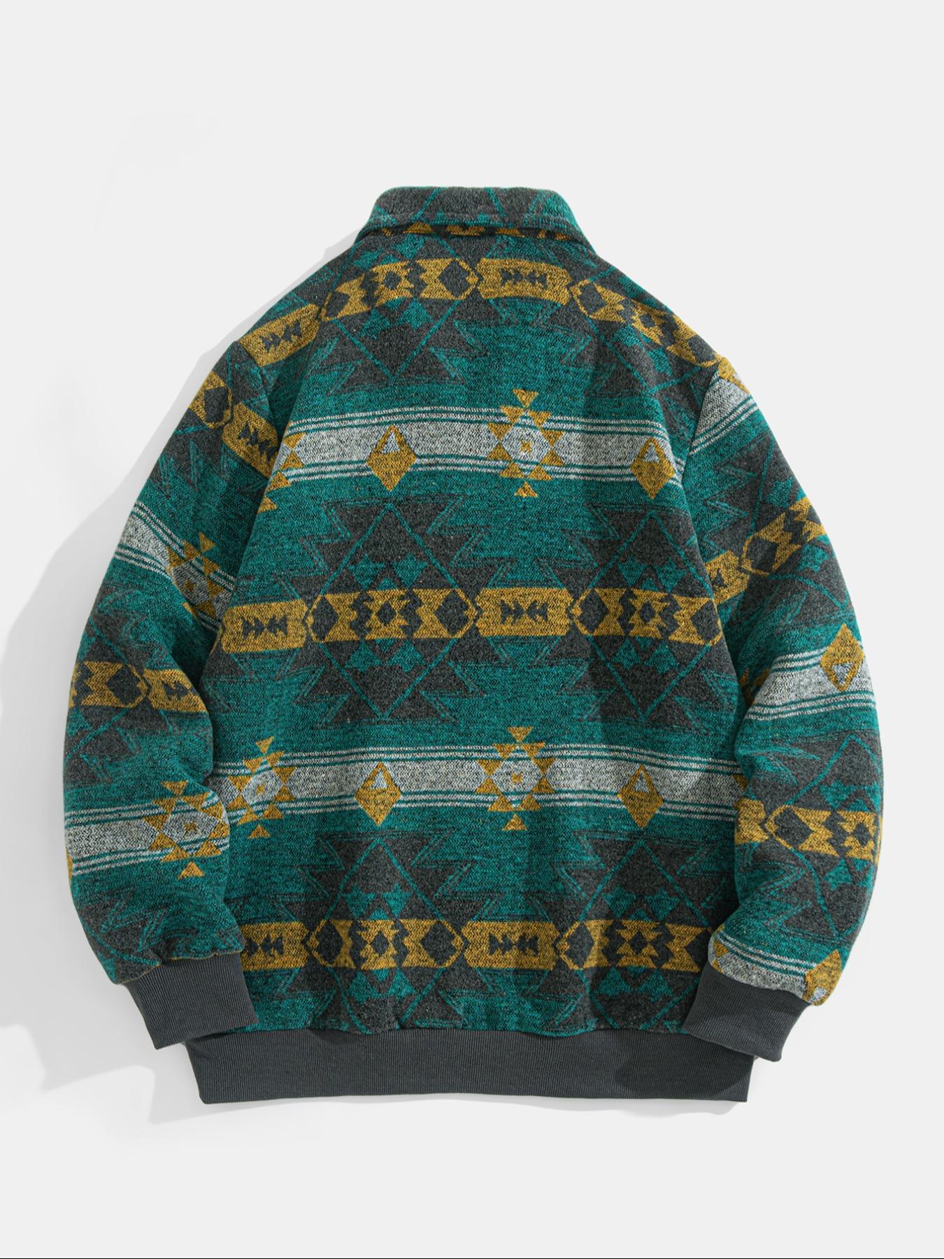 Men's Ethnic Pattern Half-Zip Mock Neck Jacket, Loose Casual Long Sleeve Zip Front Outerwear for Winter, Men's Winter Clothes for Daily Wear, Zippered Jacket