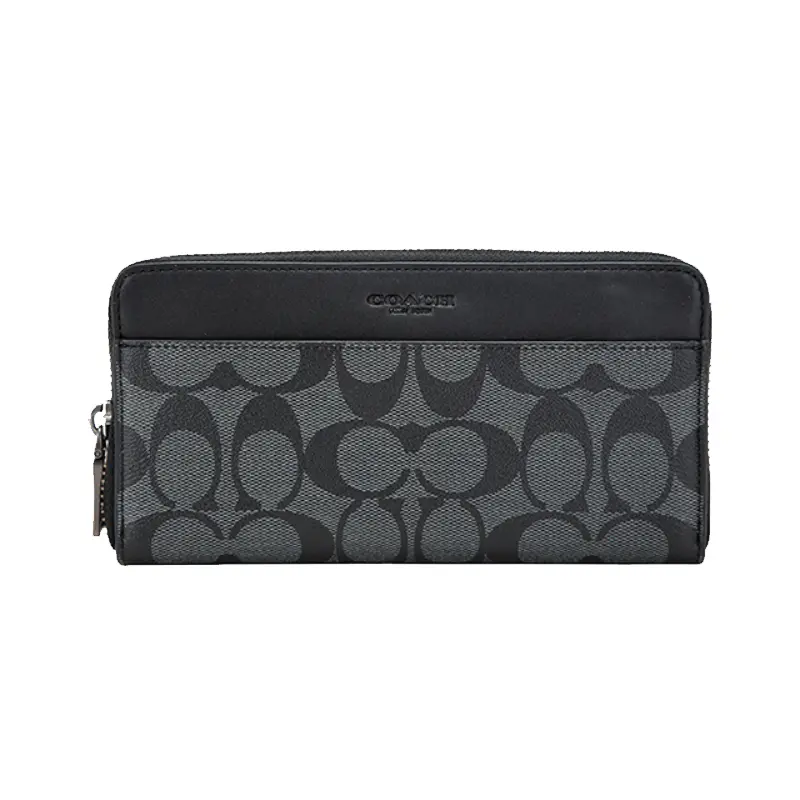 COACH Accordion Wallet for Men – Classic Gray-Black Coated Canvas Zip-Around Wallet