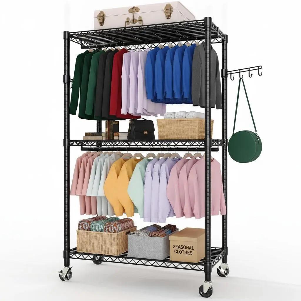 Garvee Heavy Duty Metal Garment Rack with Wheels – Freestanding Closet Organizer – Adjustable Shelves & Double Hanging Rods – Side Hooks for Extra Storage – Max Load 730 lbs – 80"H x 45"W x 16"D