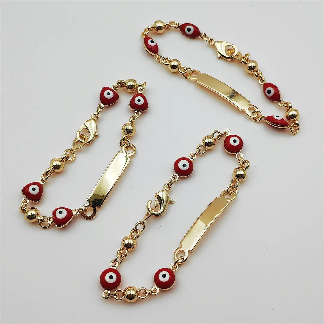Women's Gold Metal-Coated Red Enamel Evil Eye Heart Bead Bracelet - Blank Engraving Bar, Stackable Chain, Unisex Wear, Casual Trendy Jewelry, Everyday Use Eye Symbol Bracelet & Bangle Wrist Accessory, Heart Shaped Bracelet