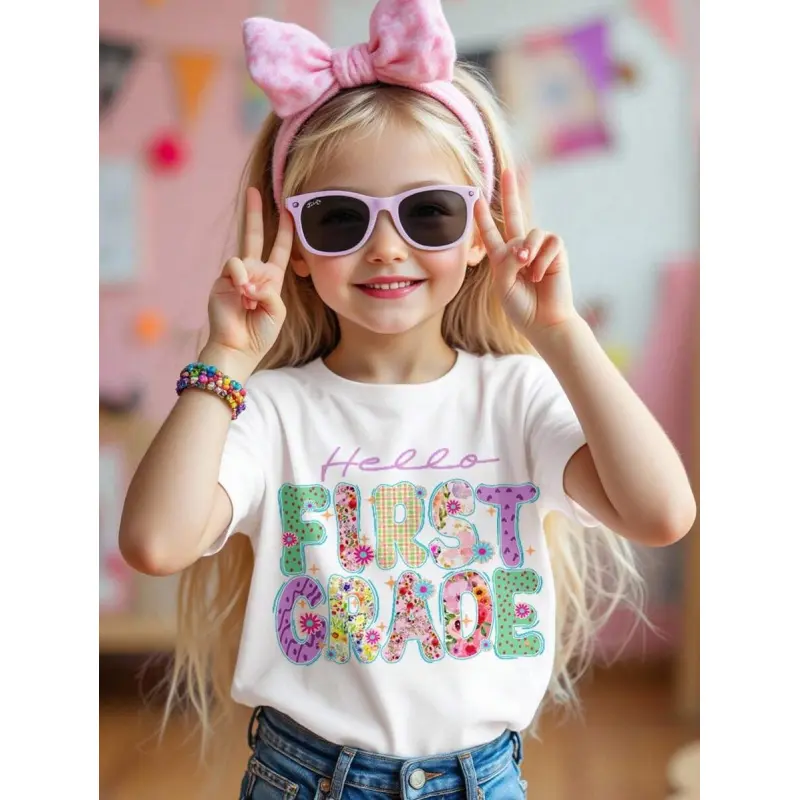 Girls' Floral Print Crew Neck Fashion T Shirt - 10-11 Years, 11-12y, 13y, White Short Sleeve, Soft Cotton Breathable Fabric, Slight Fitted Cut, Graphic Text, All Seasons, Back-To-School, Summer Casual Wear