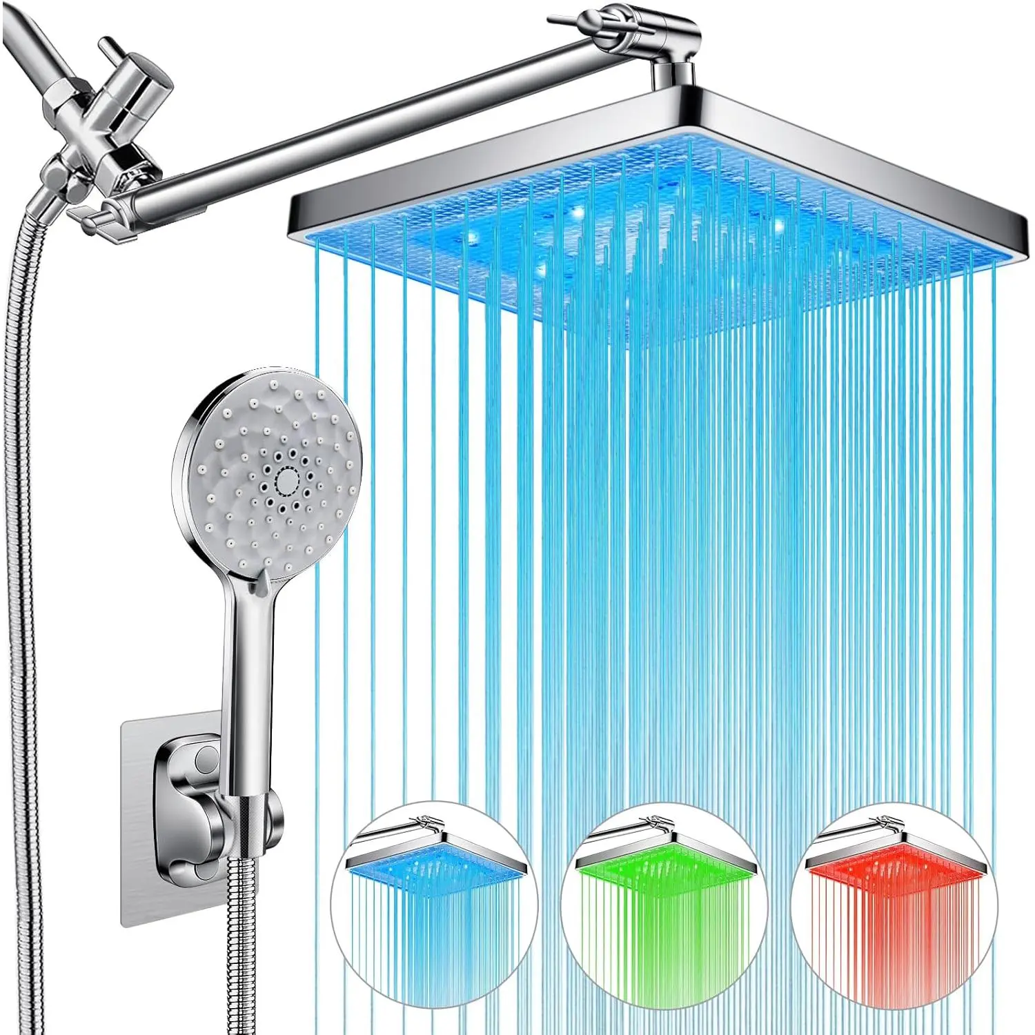 Shower Head, 8'' Dual Rain Shower Head with 11'' Adjustable Extension Arm, 7-Setting High-Pressure Handheld Combo, Rainfall LED Shower Head Water Temperature Controlled Color Changing,Chrome