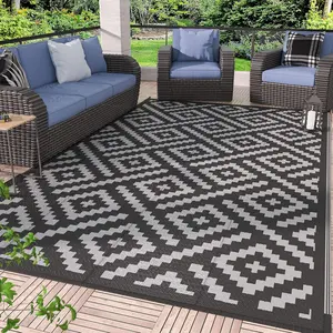 Outdoor Rug for Patio Clearance,5'x8' Waterproof Mat,Reversible Plastic Camping Rugs,Rv,Porch,Deck,Camper,Balcony,Backyard,Black & Gray