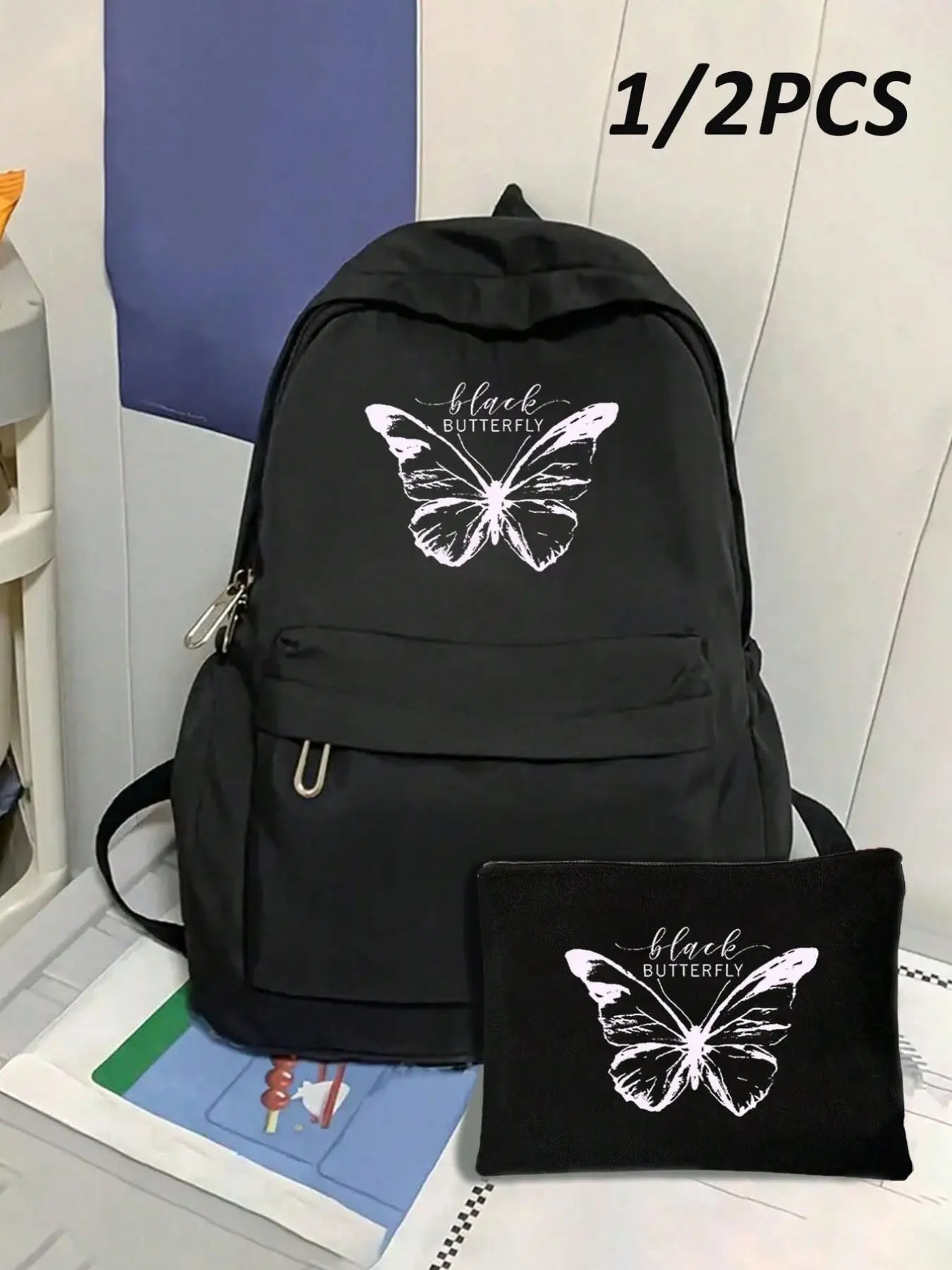 Large Butterfly Print Backpack for Teen Girls, Fashion Student Bag, Classic Long Wallet, Large Capacity Zipper Pouch, Back-To-School Laptop Case