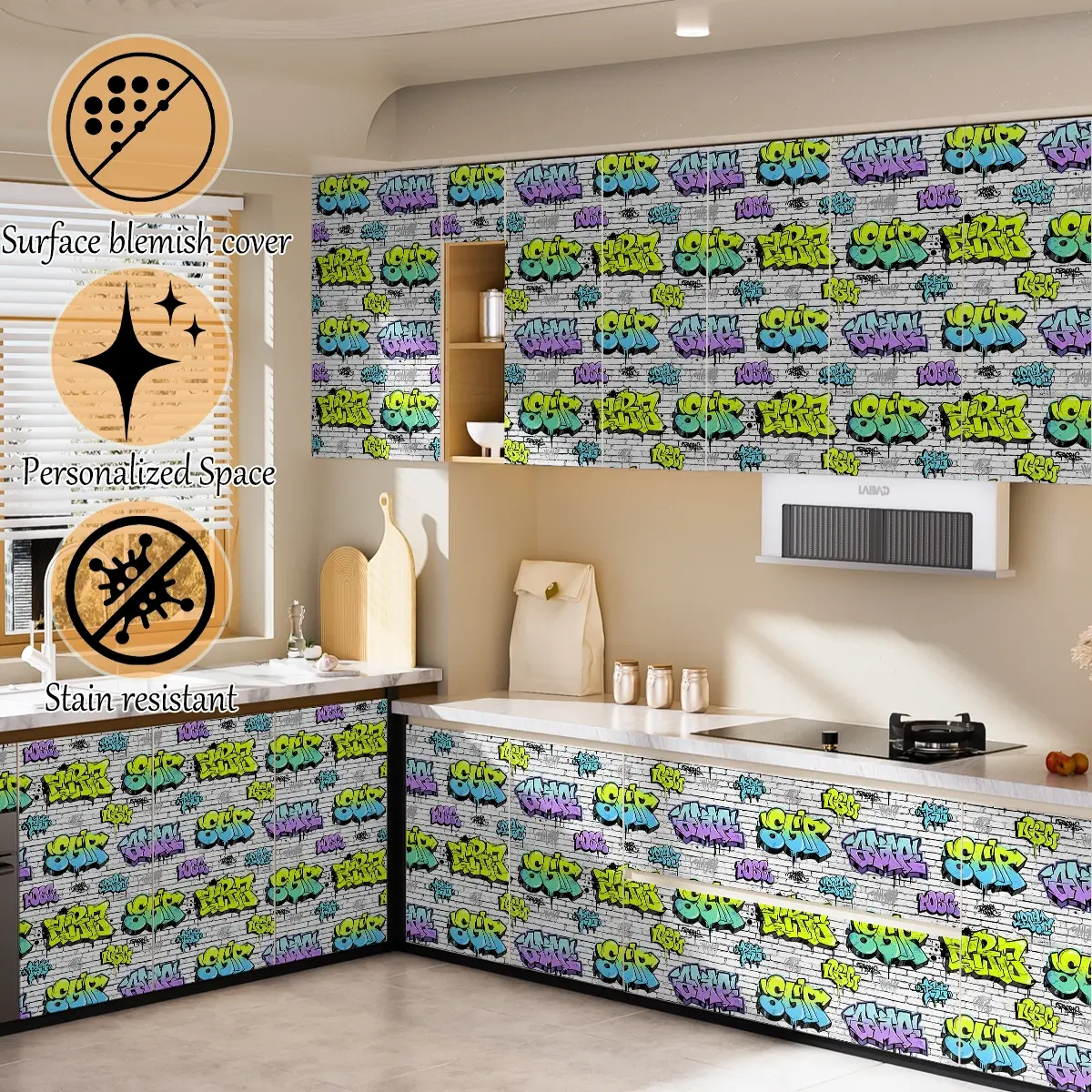Peel and Stick PVC Wallpaper, Graffiti Letter Brick Wall Self Adhesive Wall Paper, Industrial Removable Decor for Bedroom Living Room Office