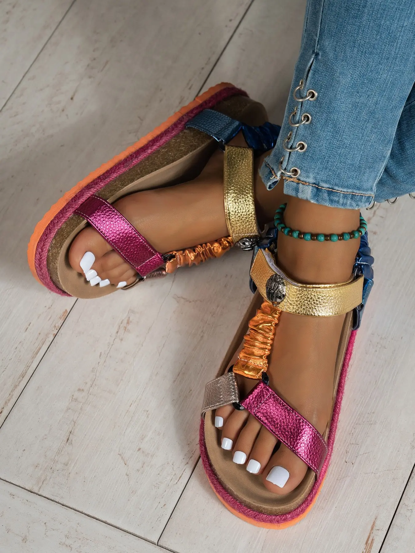 Rainbow Color Block Thick Sole Sandals Women New Metal Texture Multi-Color Straps Platform Heel Slimming Bohemian Style Beach Travel Shoes