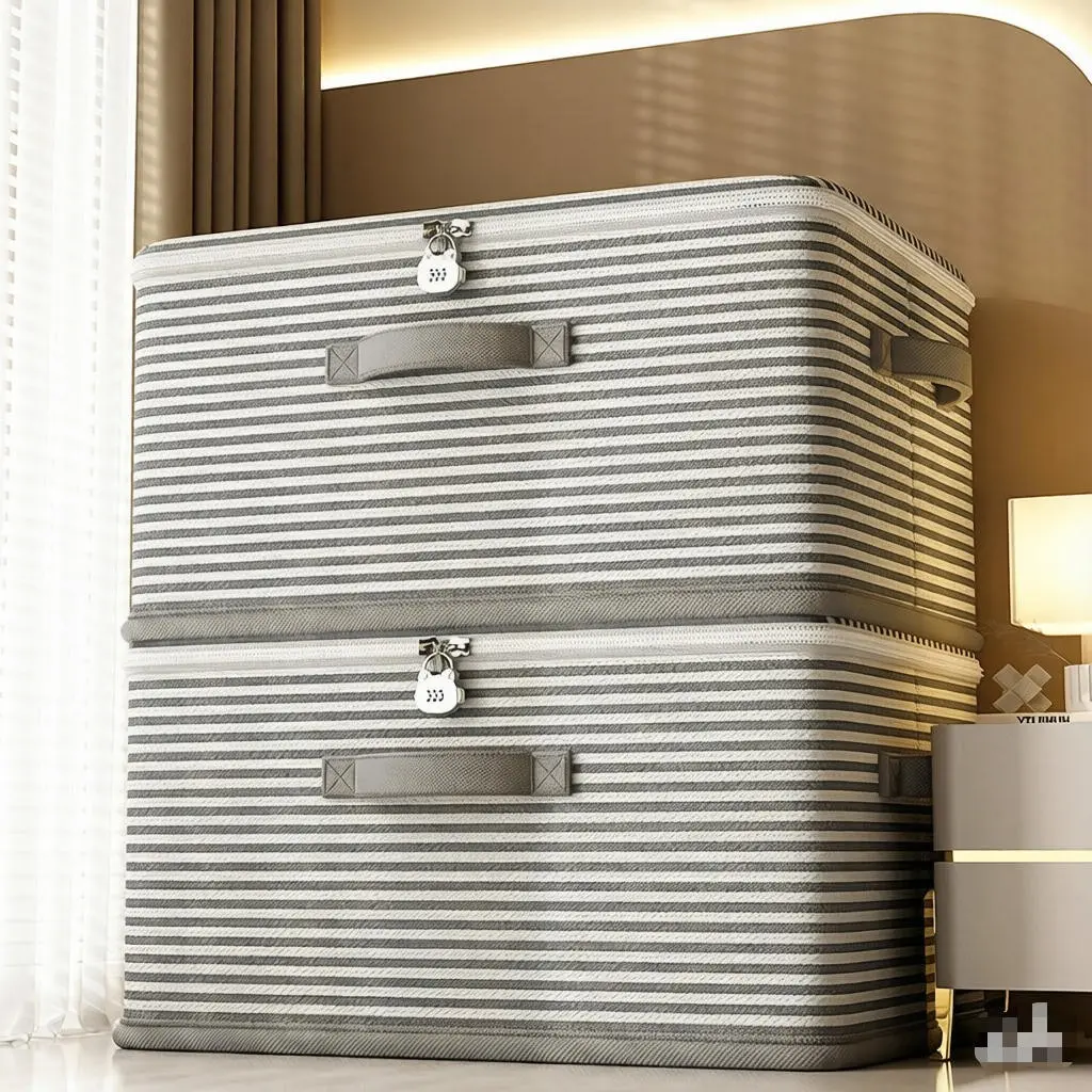 3-Pack Lockable Storage Boxes, Large Capacity Foldable Fabric Organizer, Home Use Striped Zipper Clothes Box, Ideal for Clothing Storage