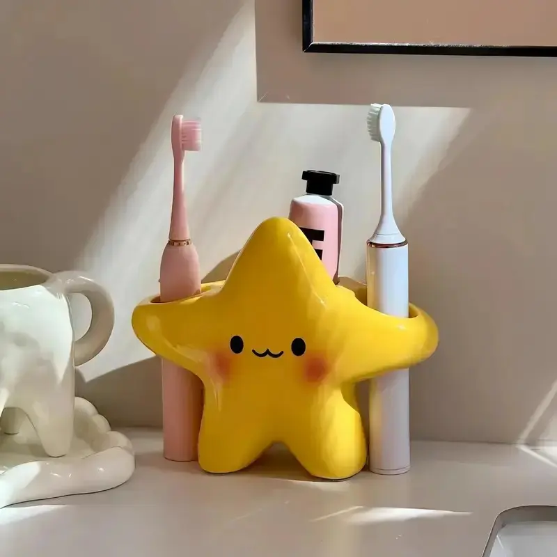 Yellow Star Toothbrush Holder for Bathroom Counter｜Cute 2-Slot PP Toothbrush Stand for Kids and Home Bathroom Decor