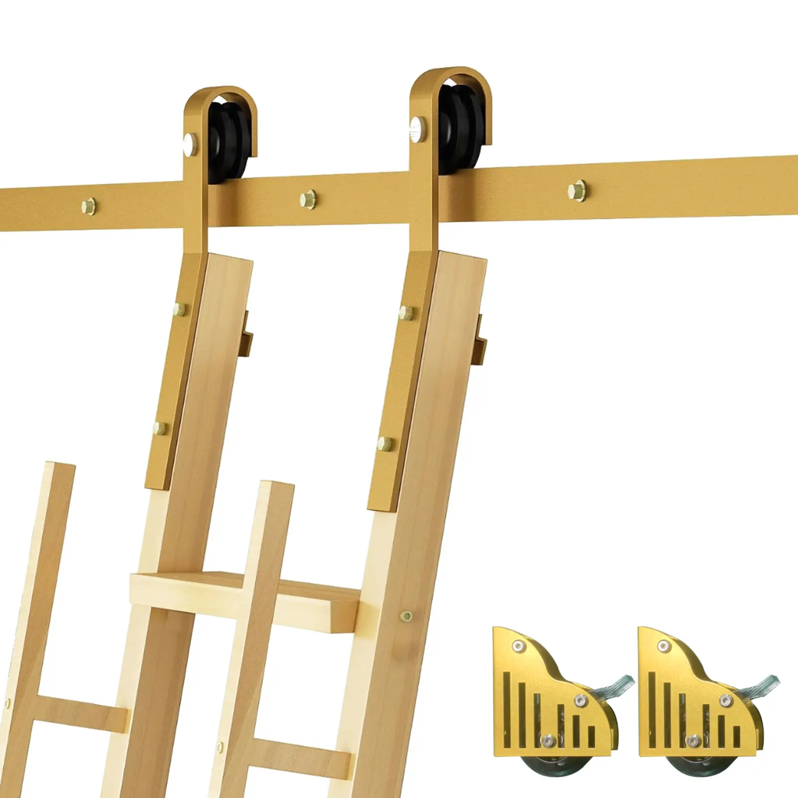 Library Ladder Hardware Kit Retractable 6.6Ft Sliding Ladder Track Movable Gold Library Ladder Rail Bracket Set for Restaurant Home Bookcase Loft Stairs