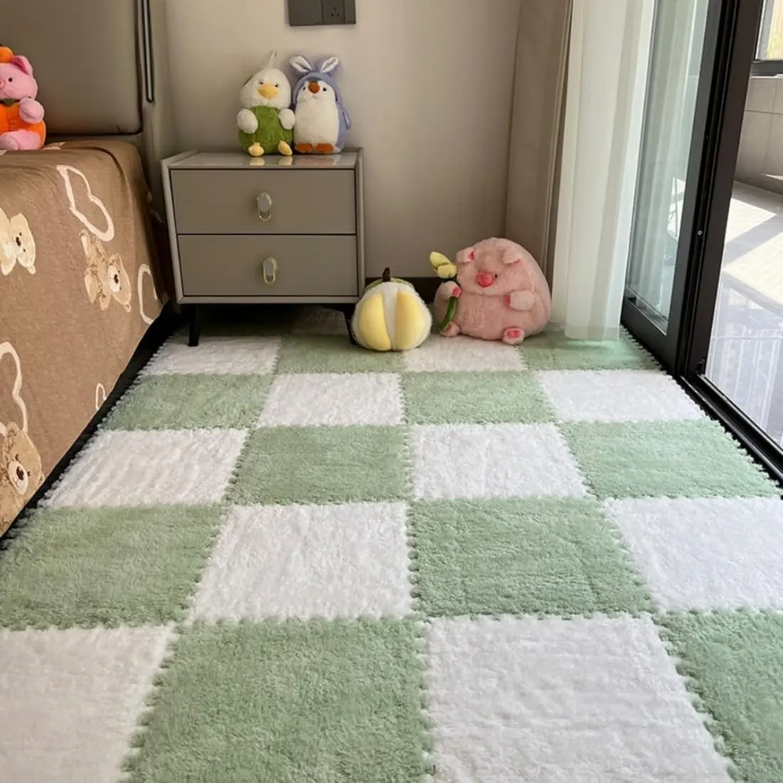 12Pcs 12"x12" Interlocking Plush Foam Carpet Tiles with Border, Thick Padded Fluffy Flooring Squares, Play Mat for Playroom Home Decor (White+Green), Set