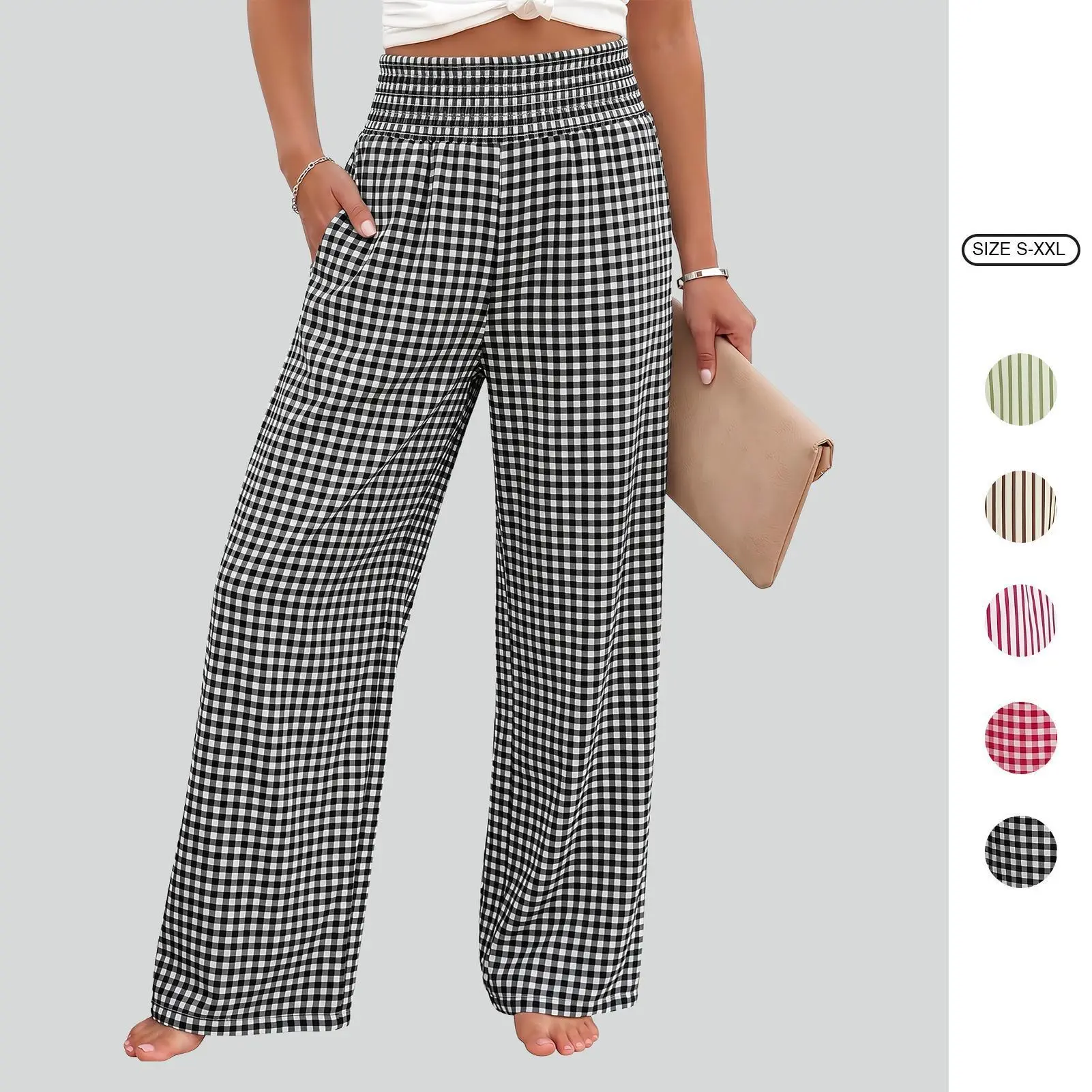Women's Striped Gingham Wide Leg Pants High Waisted Smocked Casual Flowy Trousers with Pockets