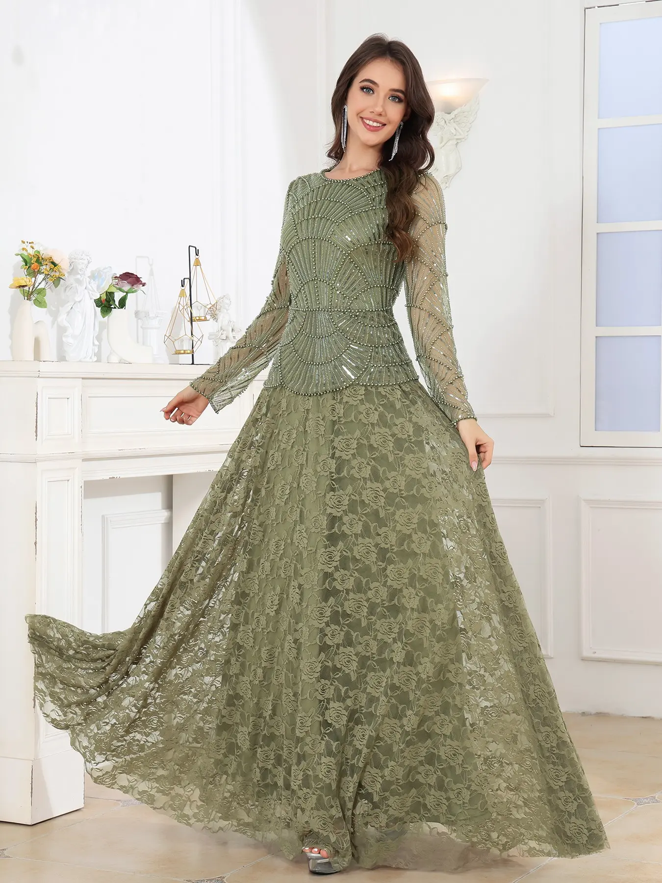 Women's Sequined Floral Lace Long Dress, Sheer Long Sleeve Elegant Formal Evening Sequin Details Gown, Perfect for Weddings and Graduations, Ideal for Festive Occasions