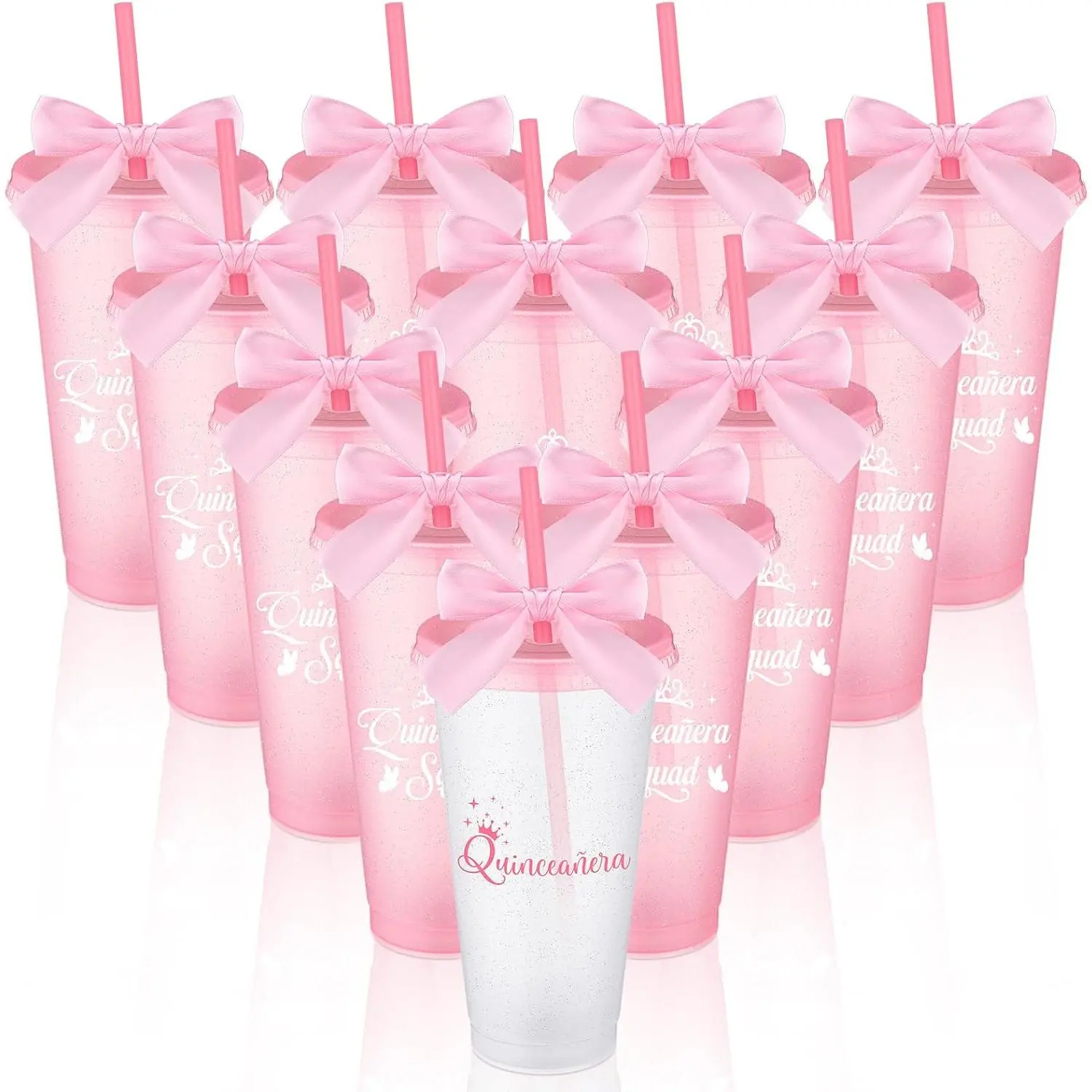 12 Pcs Quinceanera Favors for Guests 15th Quinceañera Squad Reusable with Straw Lid Twist Bow 24 oz Spanish Gift 15 Birthday (Pink)