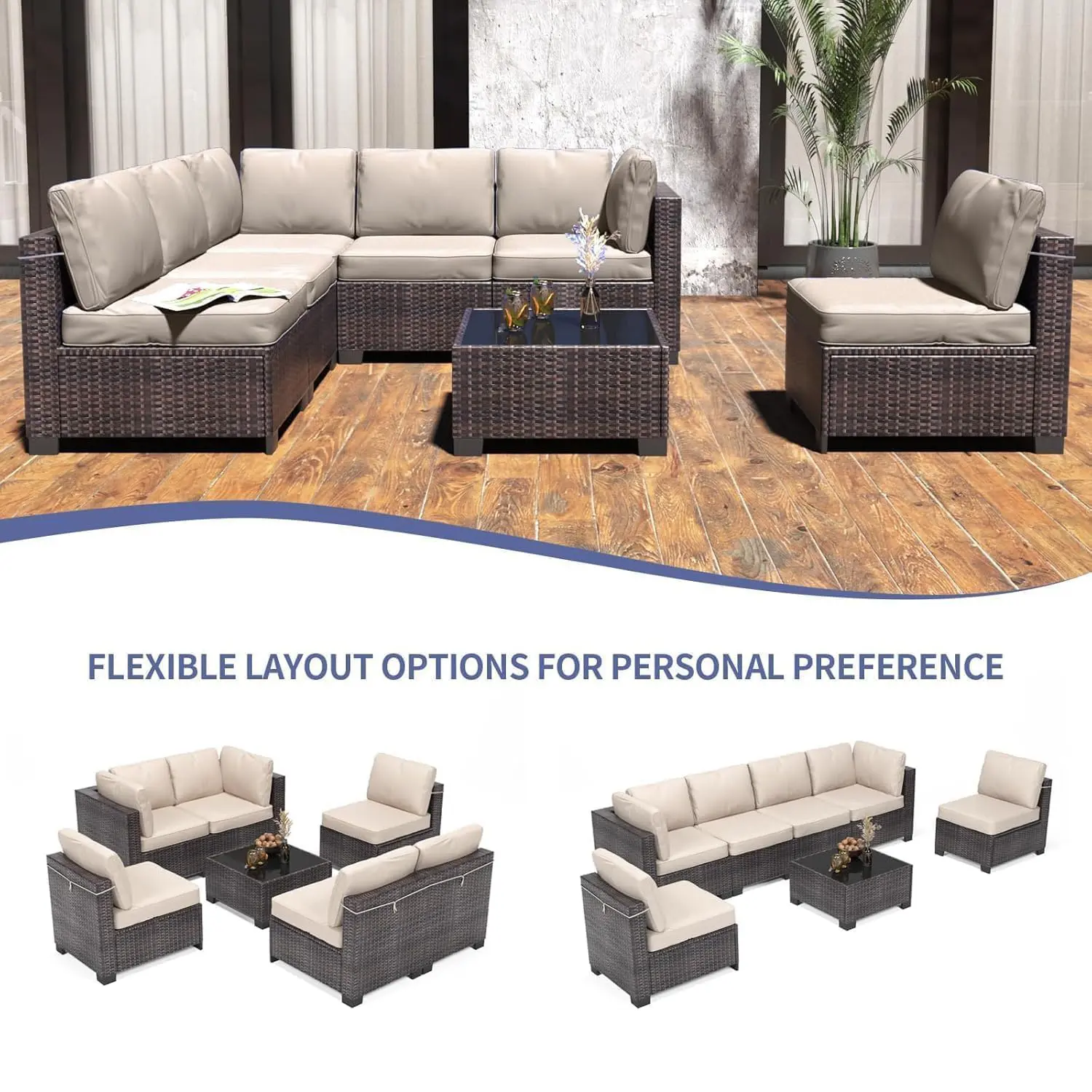 7-Piece All-Weather Wicker Rattan Outdoor Conversation Set - Waterproof Patio Sectional Sofa with Sun-Protective Beige Cushions, Washable Covers, Footrest Ottomans, Coffee Table for Backyard Oasis, Outdoor Patio