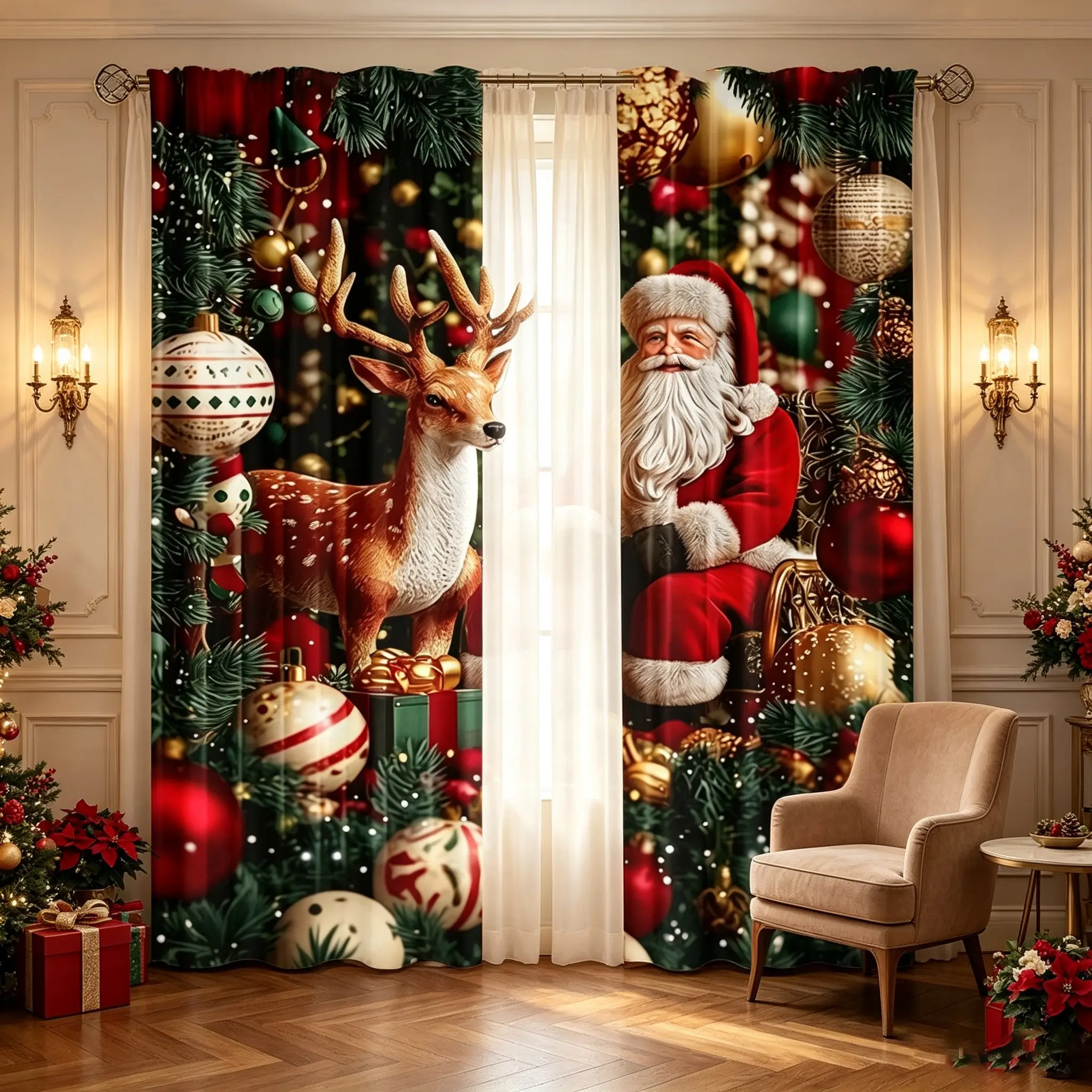2-piece set of vintage Christmas semi blackout curtains with red green Christmas tree berry gold round ball reindeer Santa Claus pattern bedroom living room holiday curtains